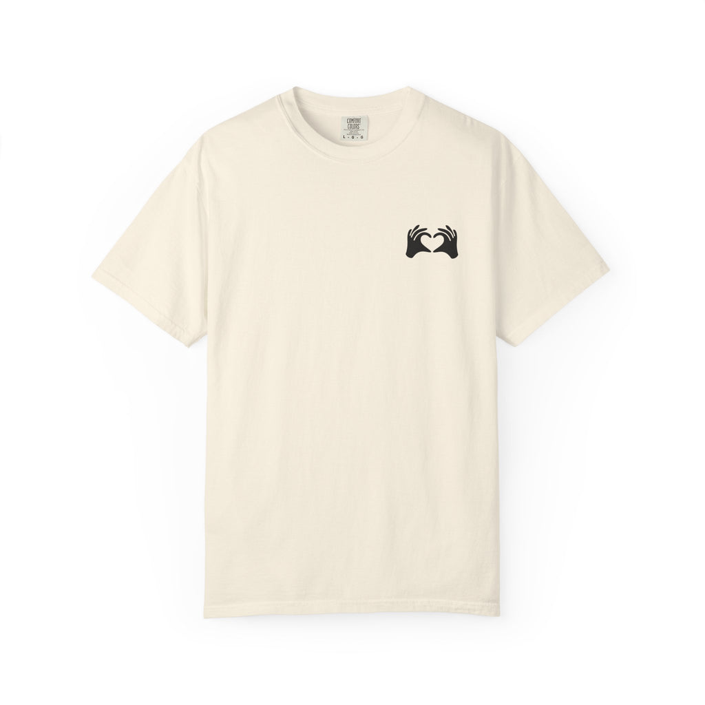 Beige t-shirt with a black logo on a white background