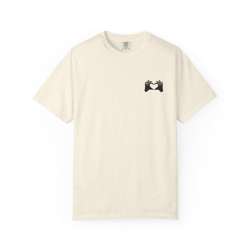 Beige t-shirt with a black logo on a white background