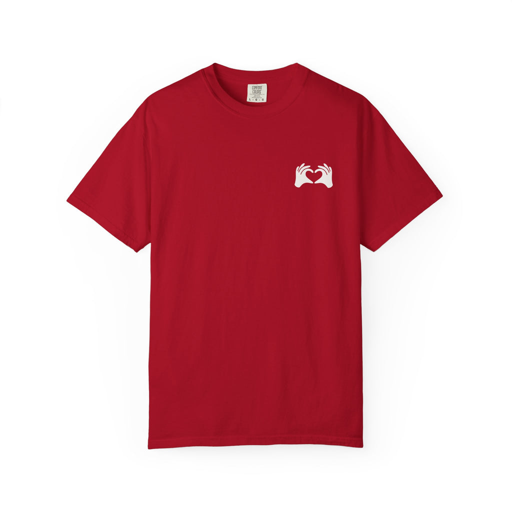 Red t-shirt with a white logo on a white background