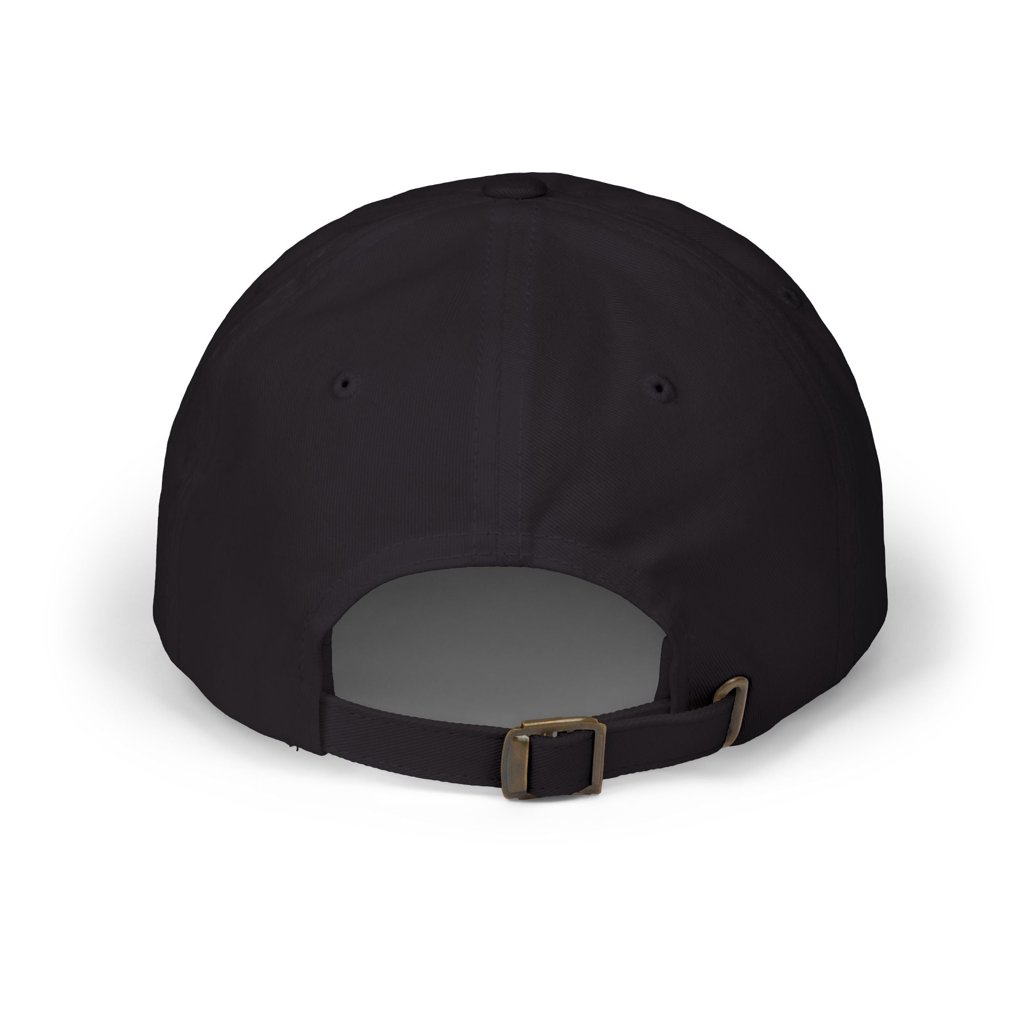 Black cap with a strap on a white background