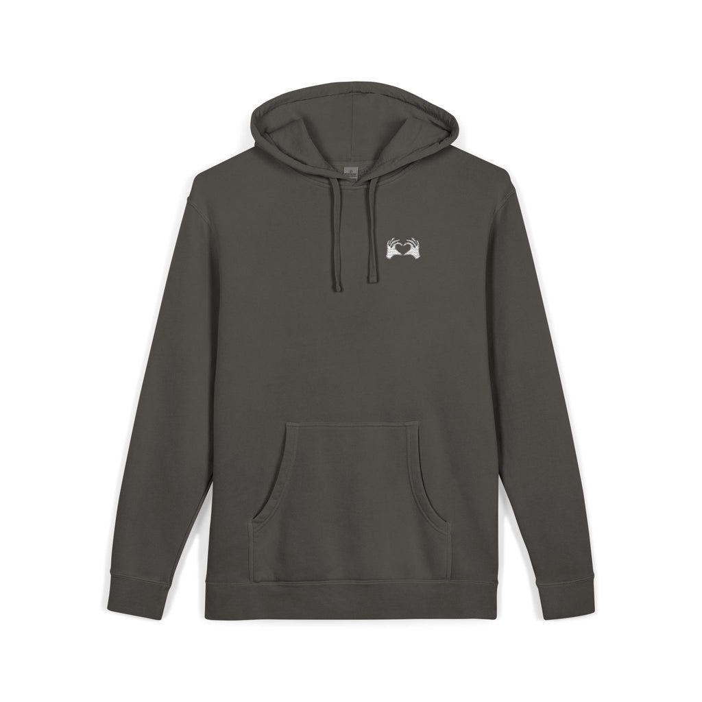 Dark gray hoodie with a small logo on a white background
