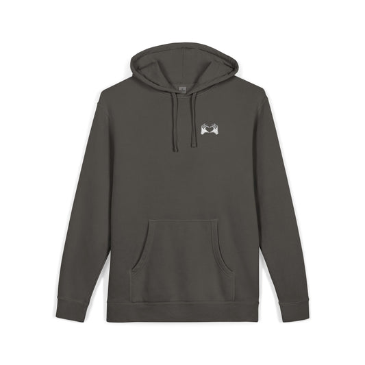 Dark gray hoodie with a small logo on a white background