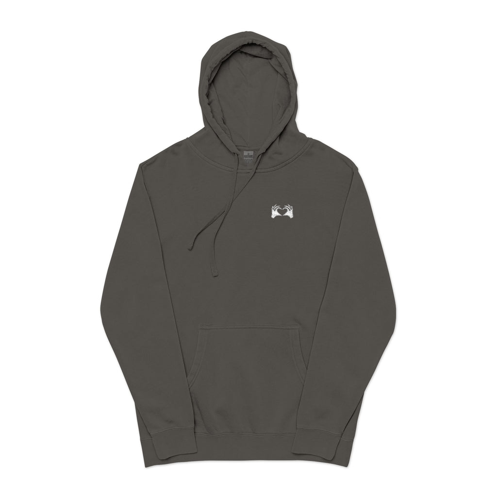 Gray hoodie with 'scene' logo on a white background