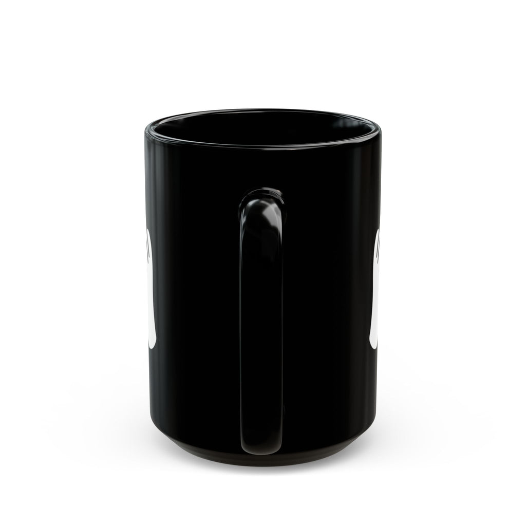 Black mug with white text on a white background
