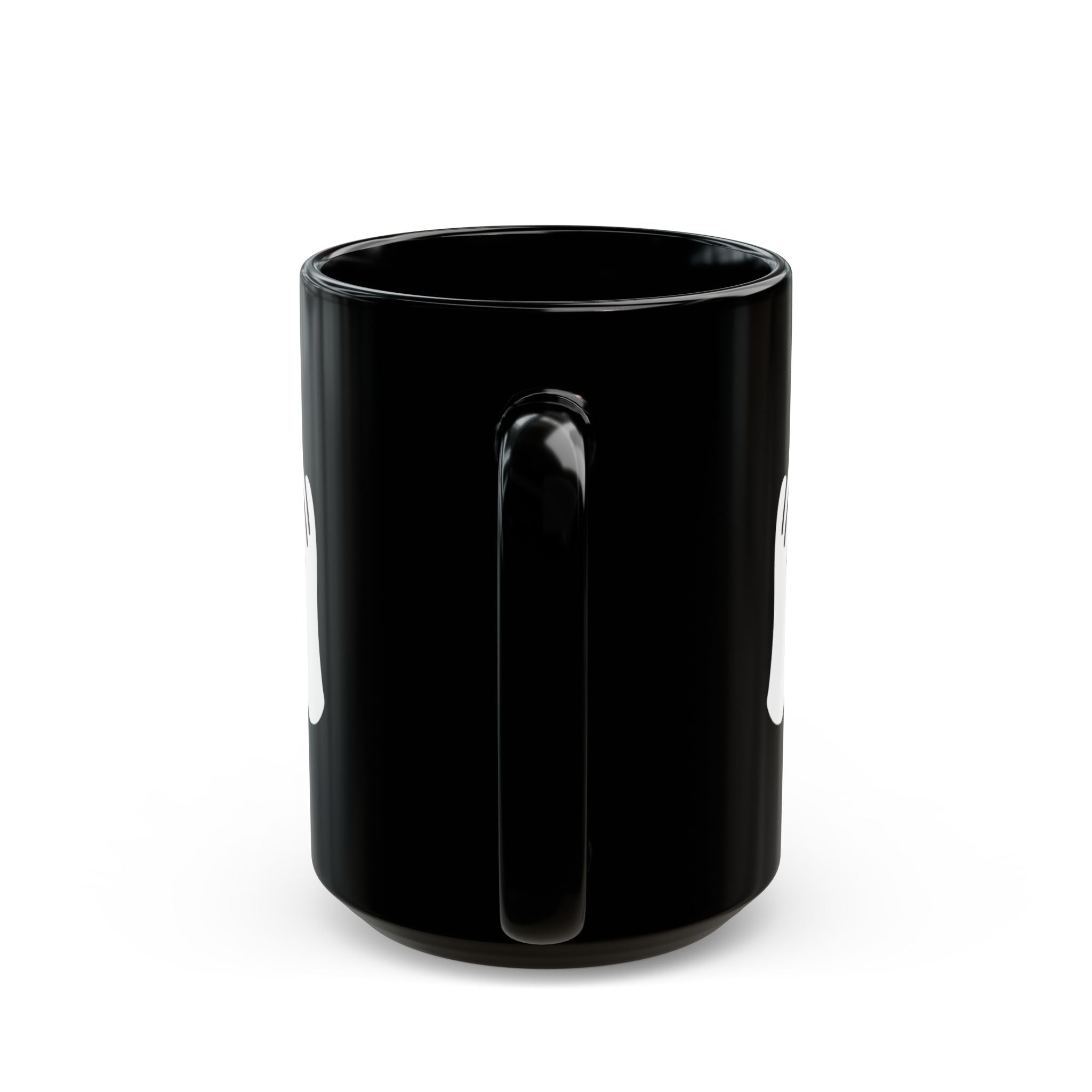 Black mug with white text on a white background