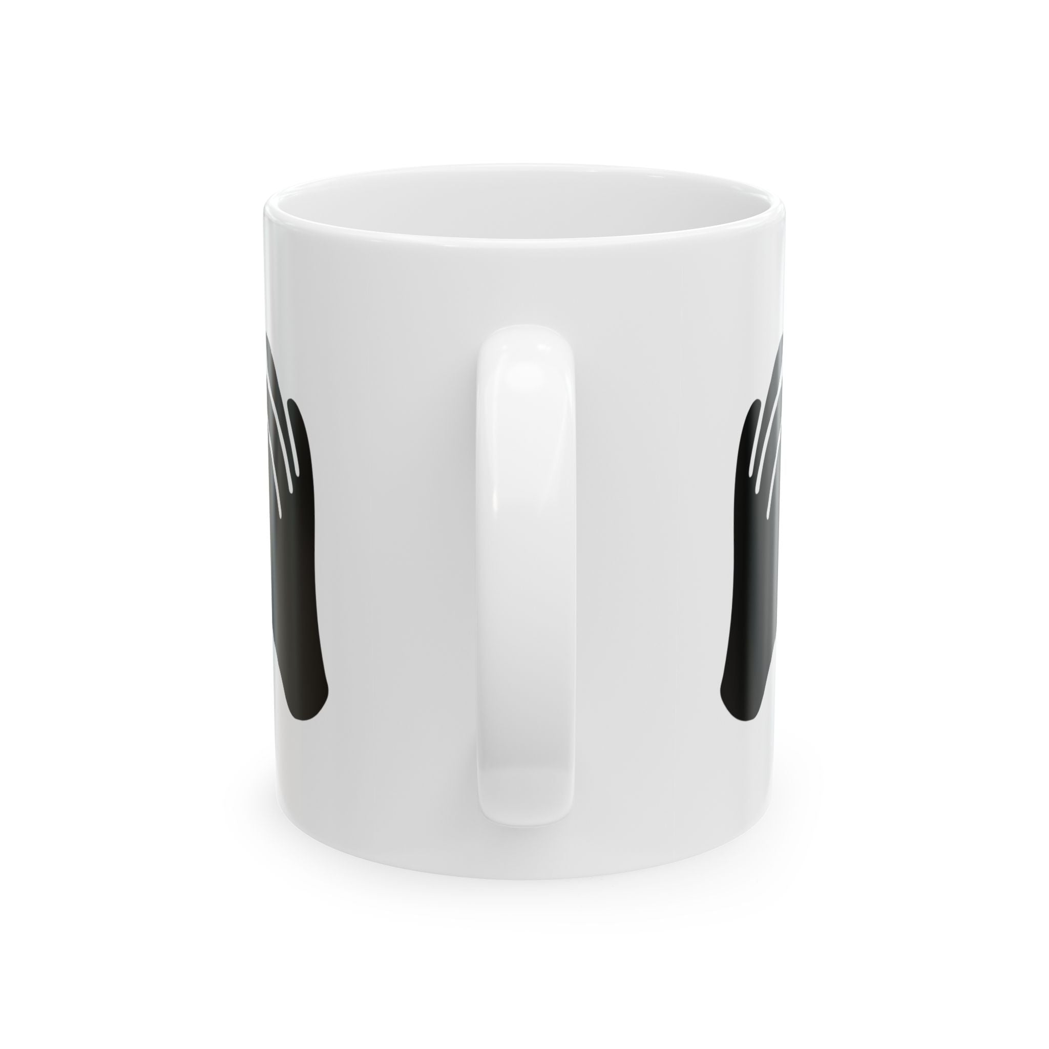 White mug with black text on a white background