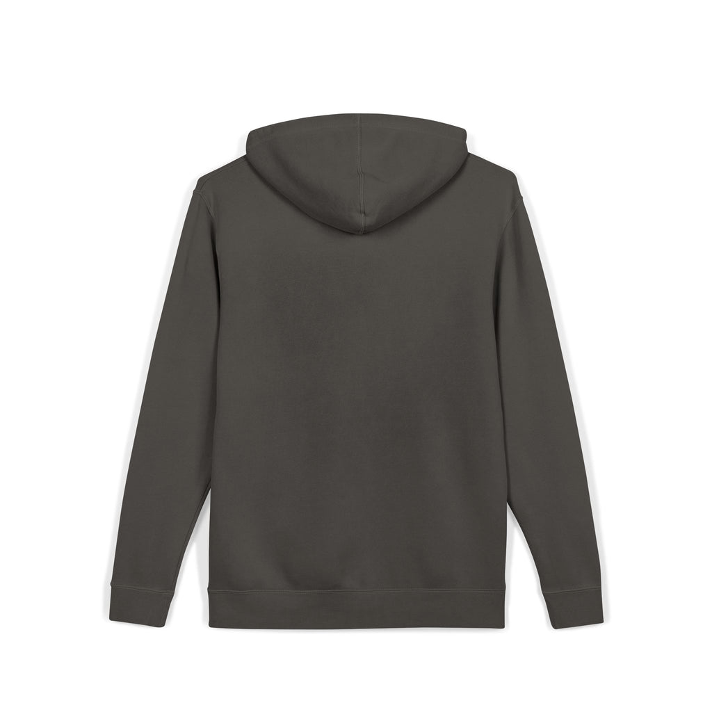 Dark gray hoodie with a brand logo on the back against a white background