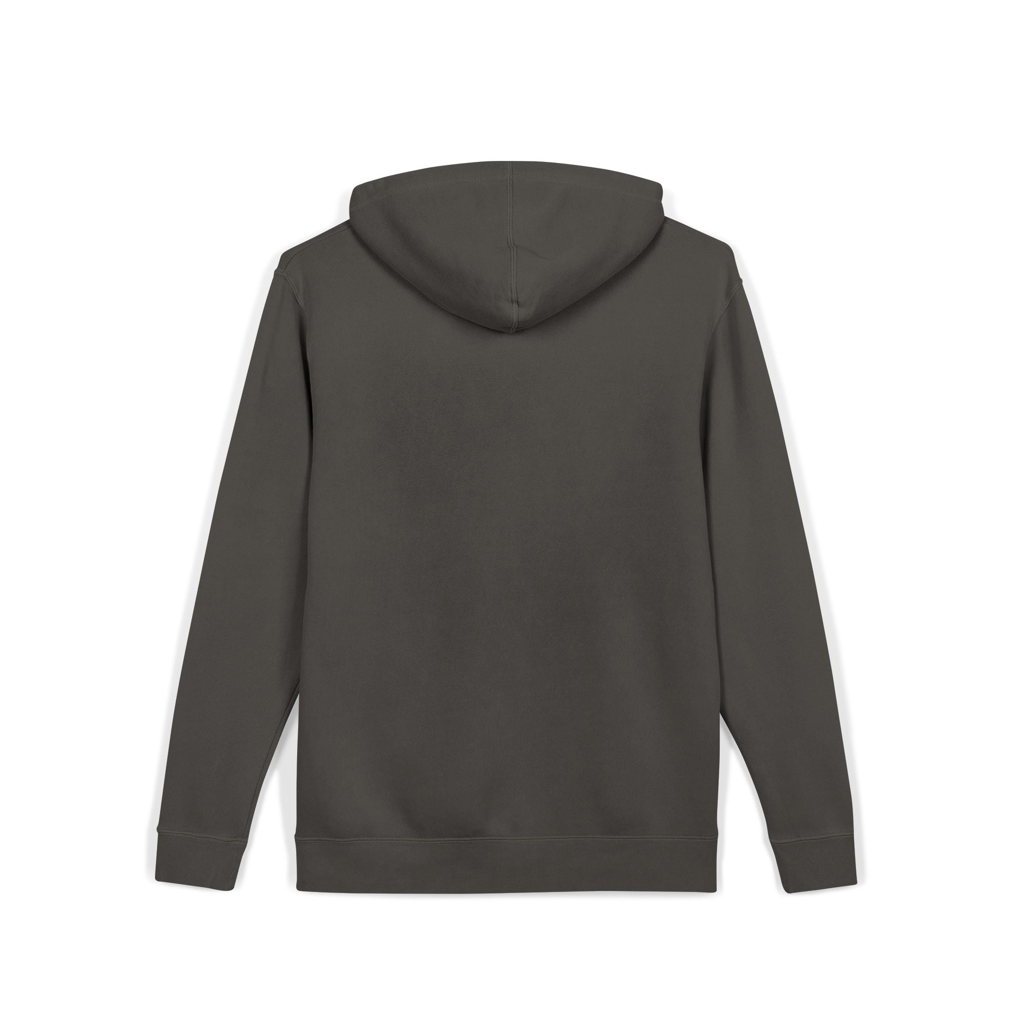 Dark gray hoodie with a brand logo on the back against a white background