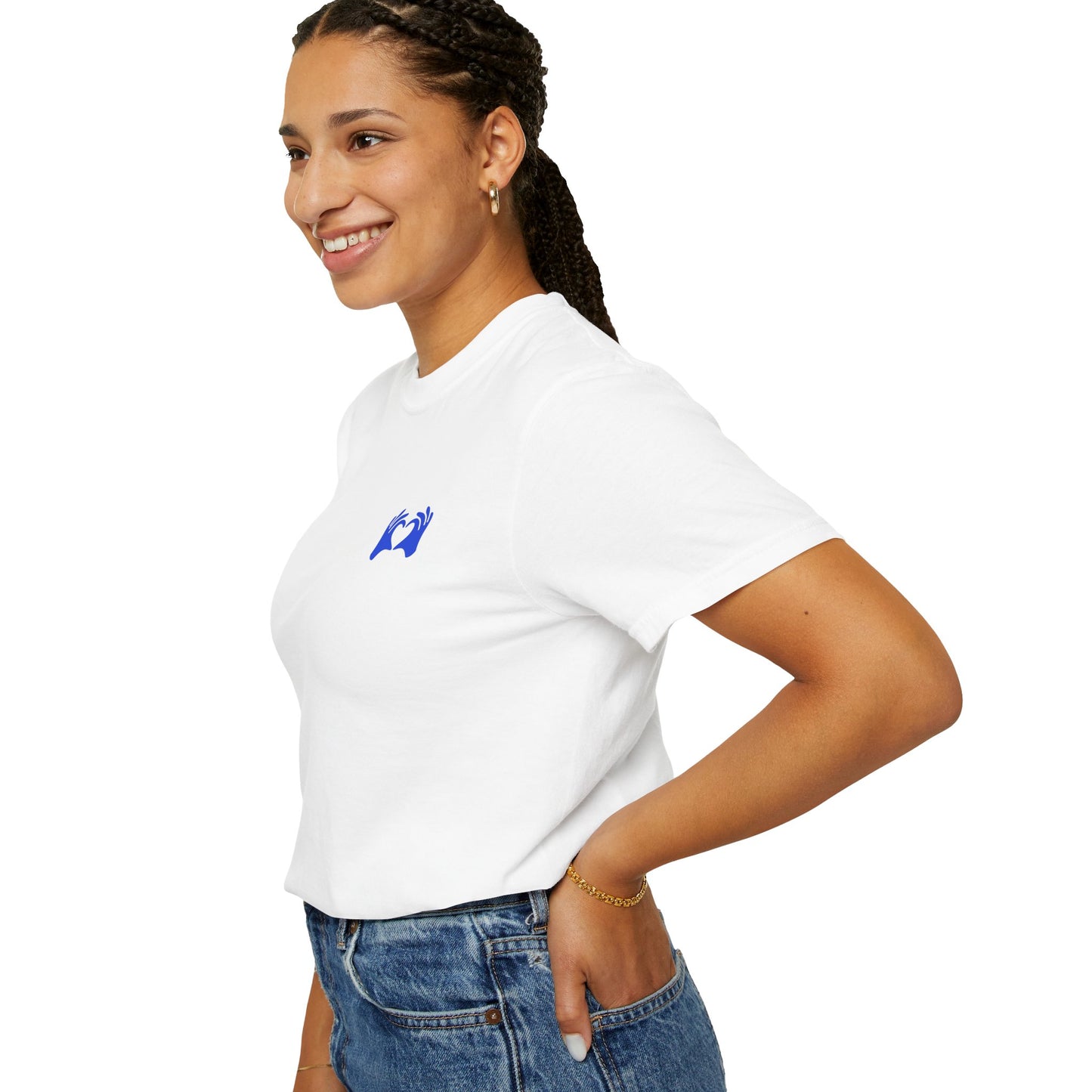 Woman wearing a white t-shirt with a logo on a white background