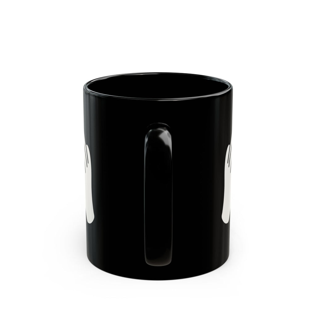 Black mug with white graphics on a white background