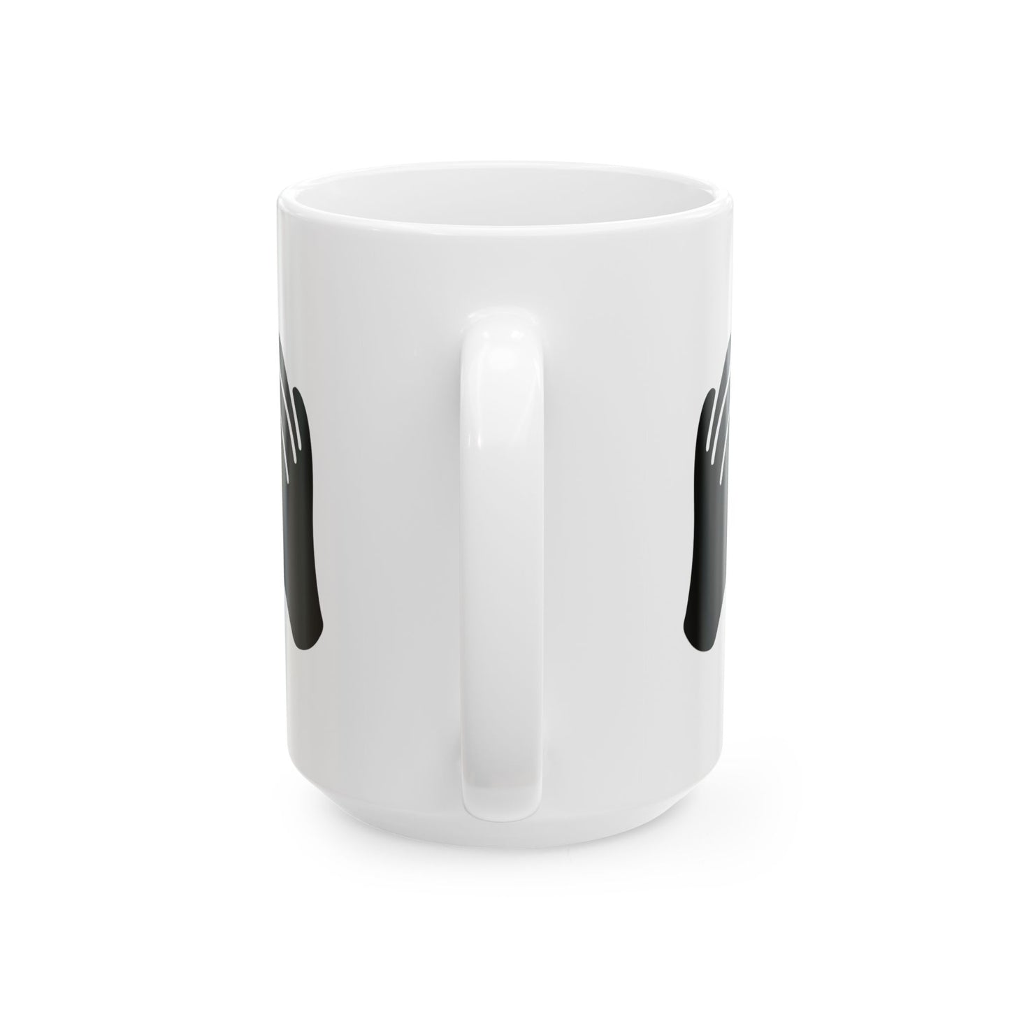 White mug with black handles on a white background