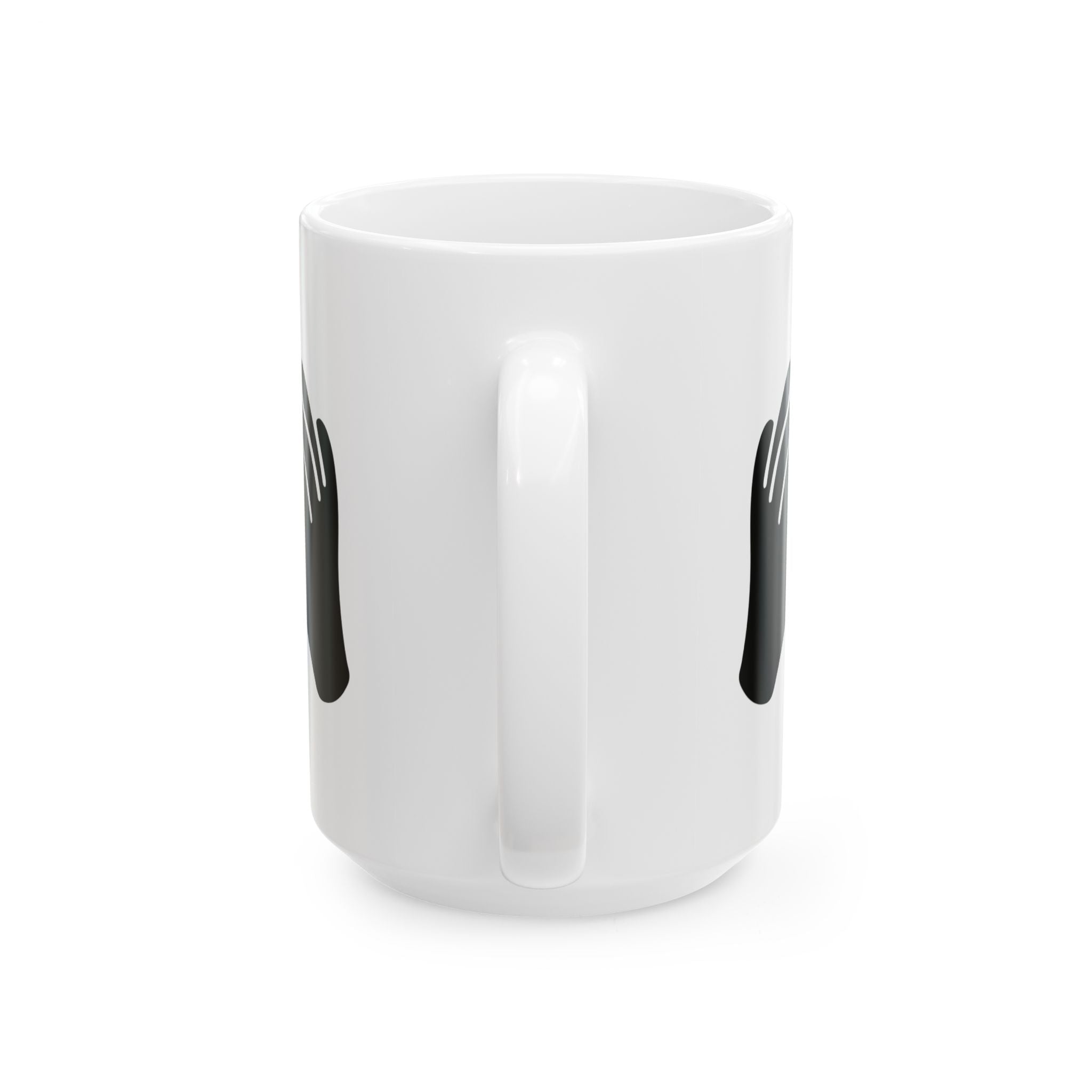 White mug with black handles on a white background